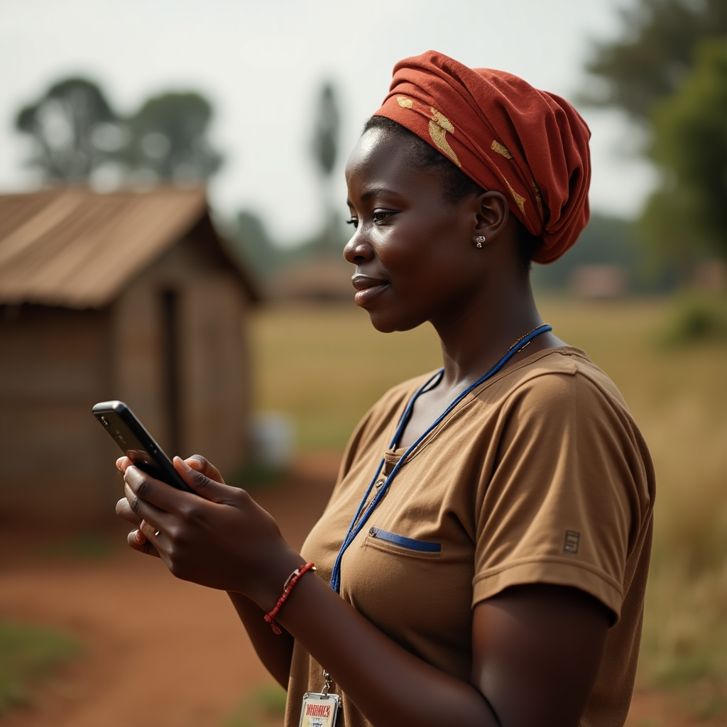 AI-generated image demonstrating a health worker in rural Uganda using mobile technology during a vaccination campaign. Findings from the MakSPH study shows that district-led digital payments improve efficiency in mass immunisation by reducing delays and bottlenecks, even if they do not directly boost worker motivation.
