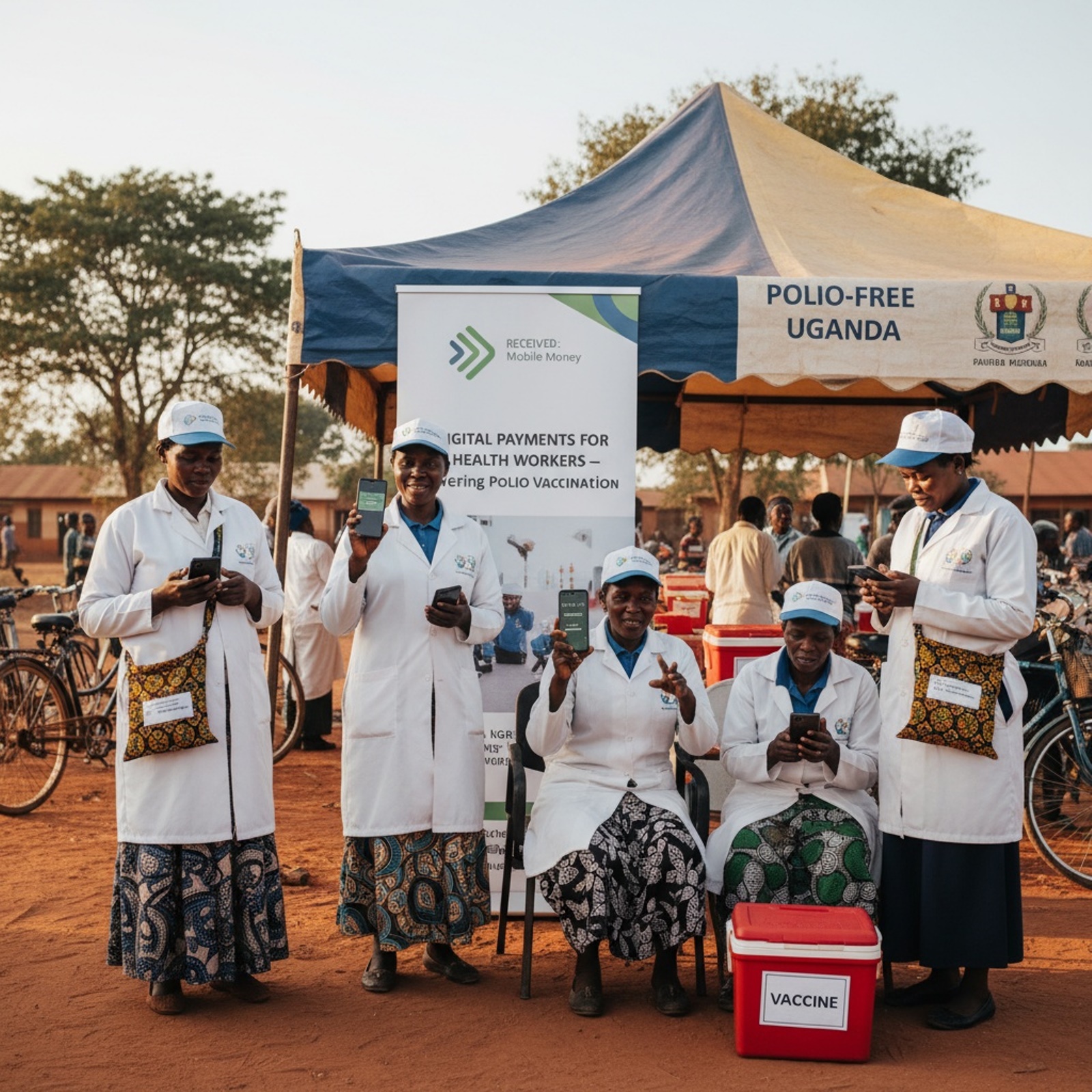 A picture reflecting digital payments for health workers - powering polio vaccination. Makerere University School of Public Health (MakSPH), Kampala Uganda, East Africa.