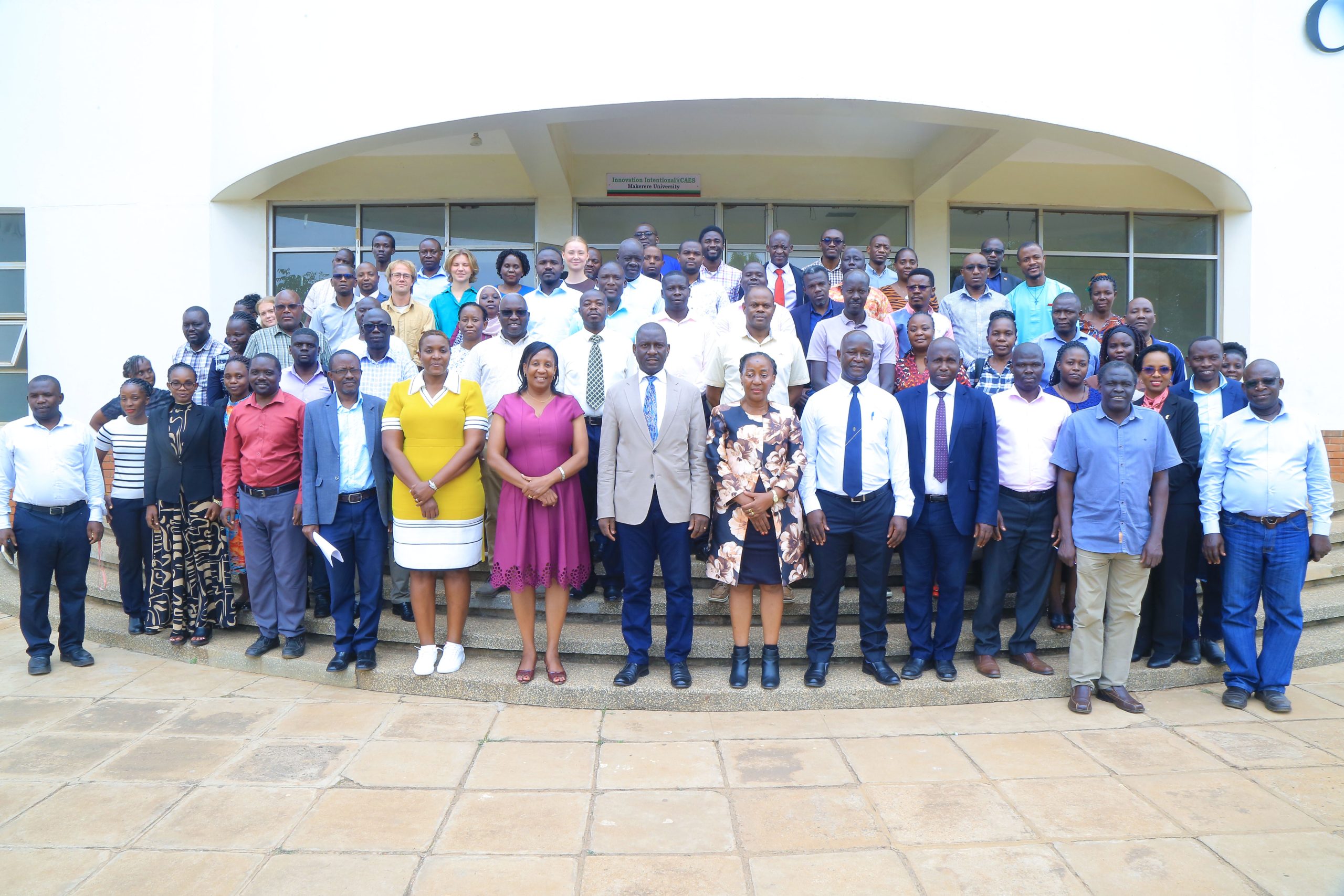 Mak CAES doctoral students together with the Principal, Prof. Gorettie Nabanoga, the Director of Graduate Training, Prof. Julius Kikooma, the Deputy Principal, Prof. Yazidhi Bamutaze, and some of their supervisors