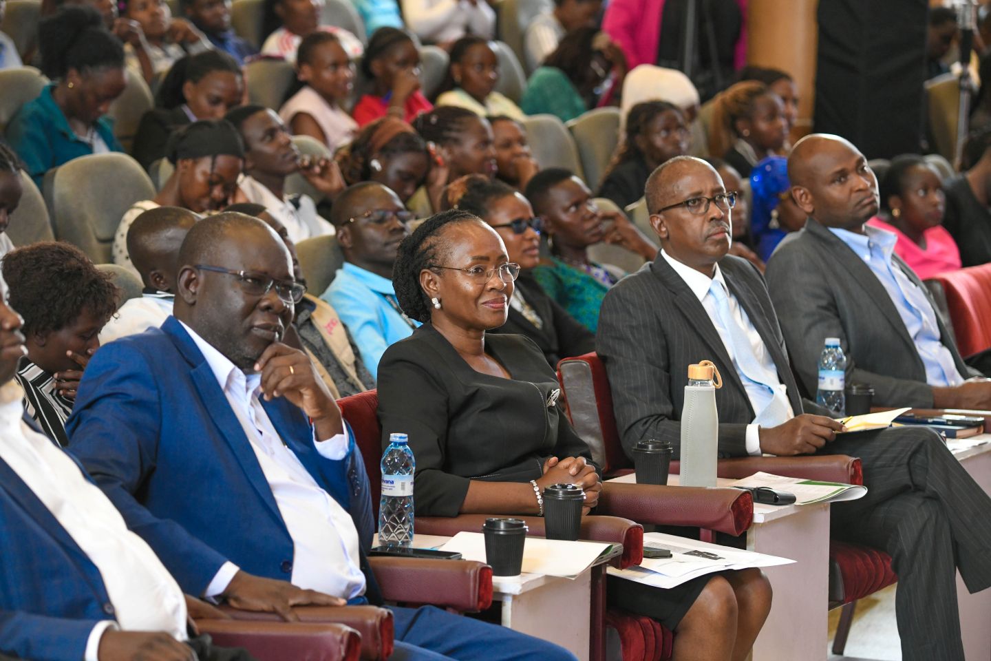 [L-R] Dr.Godfrey Akileng - Dean School of Business, Prof. Sarah N. Ssali - Ag. Vice Chancellor, Chief Guest - Mr. Odrek Rwabwogo, and Gordon Katwirenabo-Assistant Commissioner, Quality Assurance and Value Addition, MAAIF at the Congress.