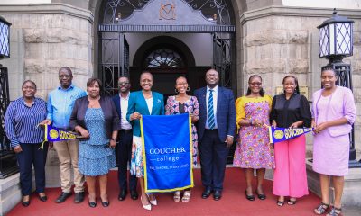 Prof. Sarah Ssali (L)and Ms. Nenelwa Tomi holding a Goucher College's banner after the engagement on 2nd Oct. 2025.