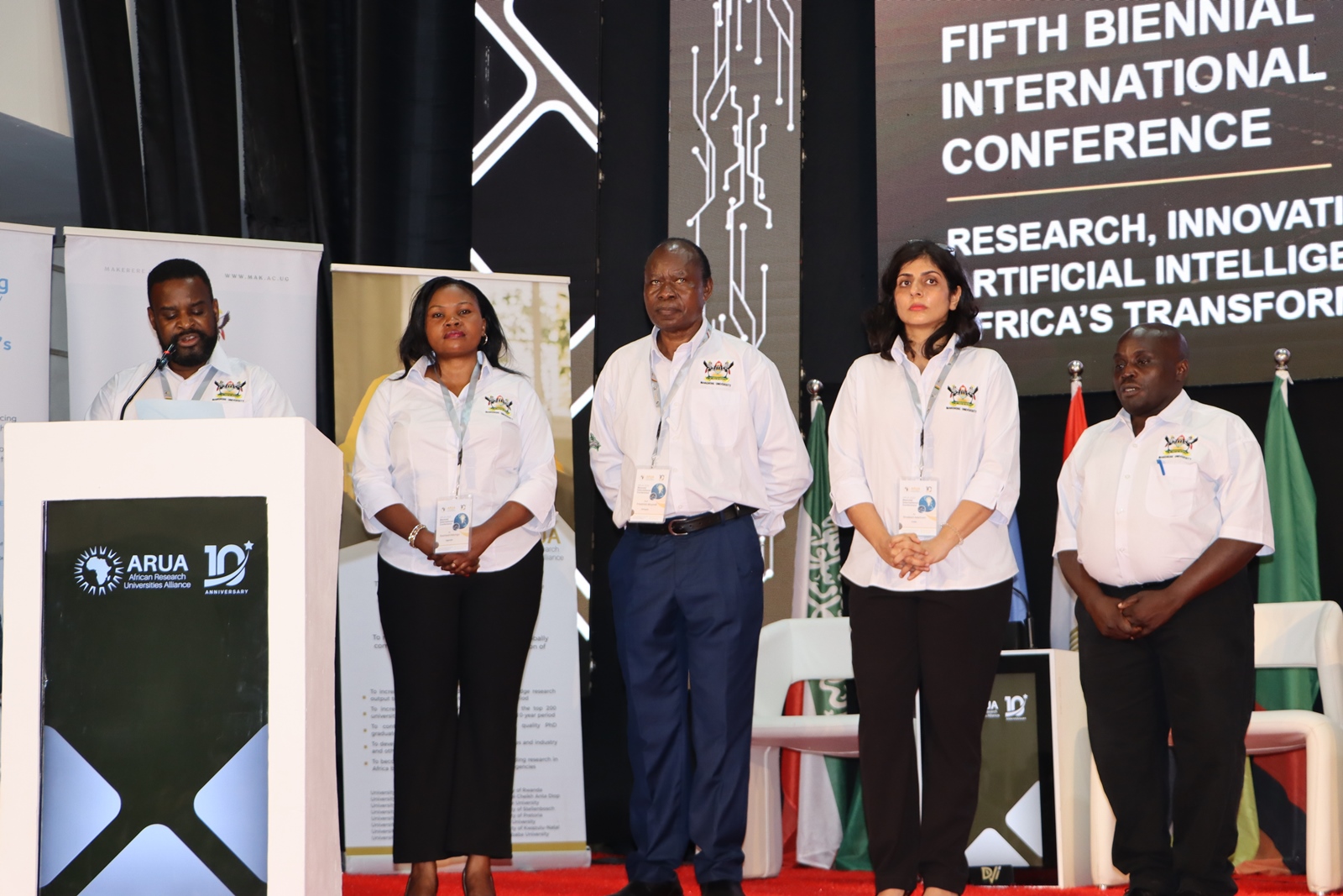 Prof. Robert Wamala (Left) with members of the Local Organising Committee. The Minister for Science, Technology and Innovation Information, Hon. Dr. Monica Musenero Masanza has officially opened the 5th African Research Universities Alliance (ARUA) Biennial International Conference on Research, Innovation and Artificial Intelligence, held on October 29, 2025 hosted by Makerere University, Kampala Uganda, East Africa.
