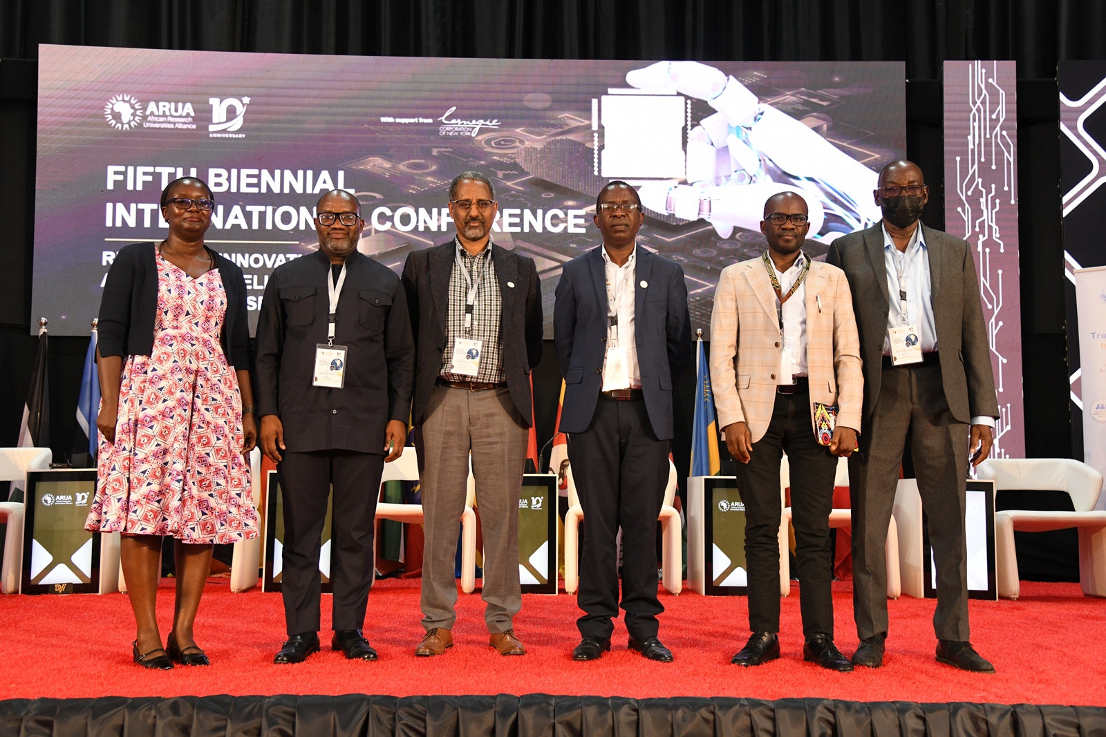 The Chair of the Special Panel of the O.R. Tambo Research Chairs Initiative, Dr. Joyce Nakatumba-Nabende (Left) with panelists after the session. Day 2 of the 5th African Research Universities Alliance (ARUA) Biennial International Conference on Research, Innovation and Artificial Intelligence, October 30, 2025 hosted by Makerere University, Kampala Uganda, East Africa.