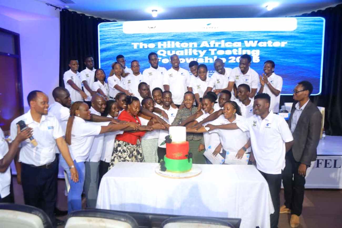 The fellows, joined by Prof. Ssali and Prof. Nabanoga, cut cake in celebration of the achievement. Successful completion of training of the third cohort of the Conrad N. Hilton Africa Water Quality Testing Fellowship by Department of Agricultural and Biosystems Engineering, College of Agricultural and Environmental Sciences (CAES), Makerere University, Kampala Uganda, East Africa on 3rd October 2025.