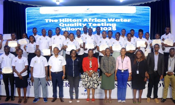 Prof. Sarah Ssali and Prof. Gorettie Nabanoga with participants at the certificate award ceremony on 3rd October 2025. Successful completion of training of the third cohort of the Conrad N. Hilton Africa Water Quality Testing Fellowship by Department of Agricultural and Biosystems Engineering, College of Agricultural and Environmental Sciences (CAES), Makerere University, Kampala Uganda, East Africa on 3rd October 2025.