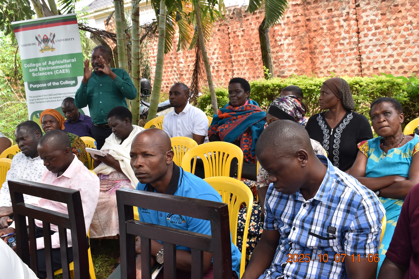 A farmer sharing his views on the training. Phase II of the Resilient Urban Food Systems (RUFS) Project, Department of Geography, Geo-Informatics, and Climatic Sciences at Makerere University, Kampala Uganda, East Africa and funded through the AgriFoSe2030 Programme, practical techniques for producing organic fertilizers and pesticides using affordable, locally available materials 6th to 7th October 2025, Emily Royal Mixed Farm, Industrial City Division, Mbale City.