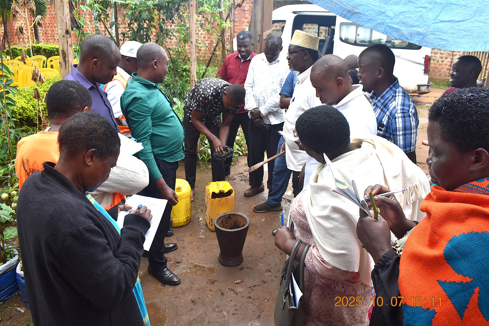 The farmers being trained on the use of animal urine in the production of pesticides. Phase II of the Resilient Urban Food Systems (RUFS) Project, Department of Geography, Geo-Informatics, and Climatic Sciences at Makerere University, Kampala Uganda, East Africa and funded through the AgriFoSe2030 Programme, practical techniques for producing organic fertilizers and pesticides using affordable, locally available materials 6th to 7th October 2025, Emily Royal Mixed Farm, Industrial City Division, Mbale City.