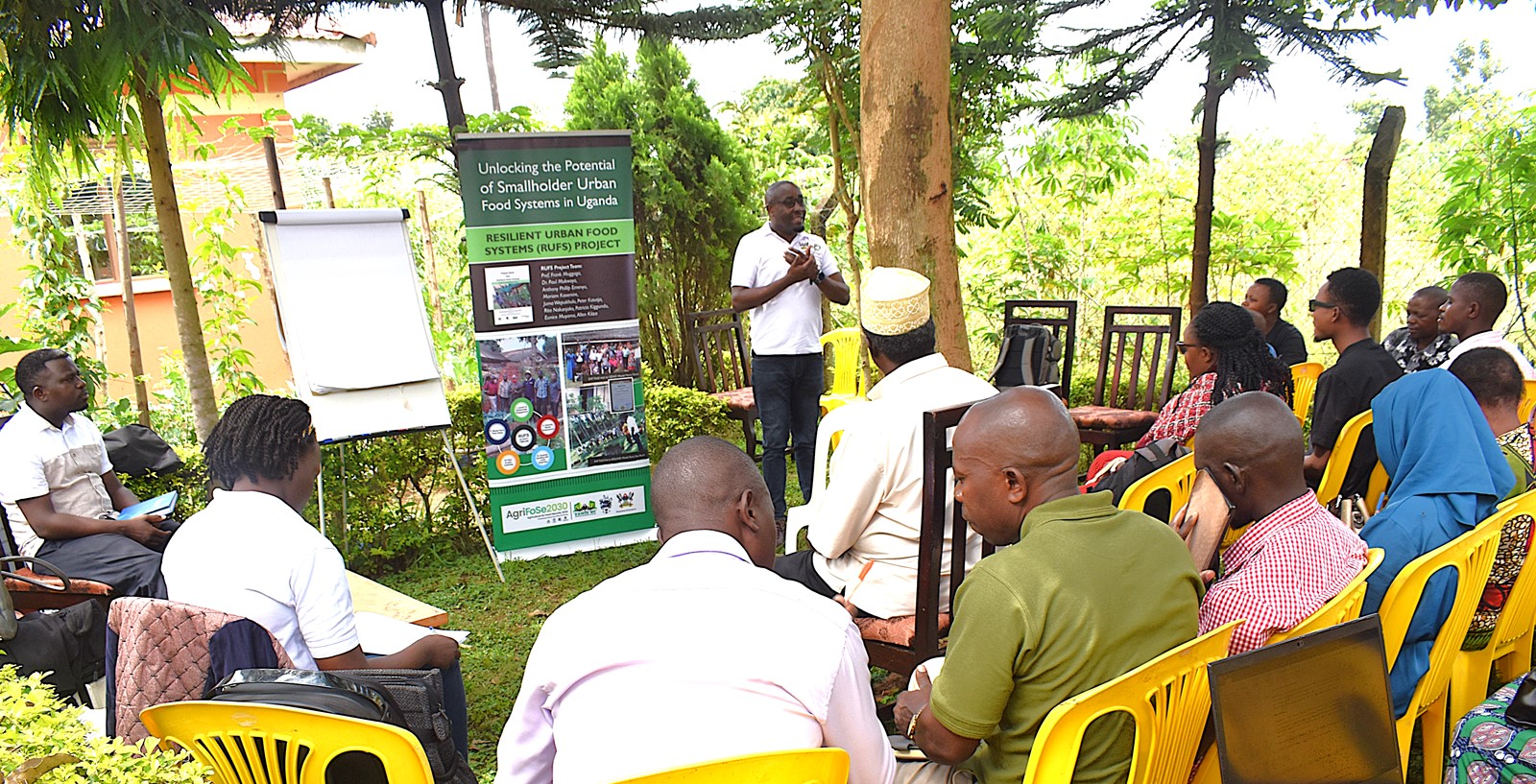 Prof. Frank Mugagga briefing the team about the objectives of the training. Phase II of the Resilient Urban Food Systems (RUFS) Project, Department of Geography, Geo-Informatics, and Climatic Sciences at Makerere University, Kampala Uganda, East Africa and funded through the AgriFoSe2030 Programme, practical techniques for producing organic fertilizers and pesticides using affordable, locally available materials 6th to 7th October 2025, Emily Royal Mixed Farm, Industrial City Division, Mbale City.