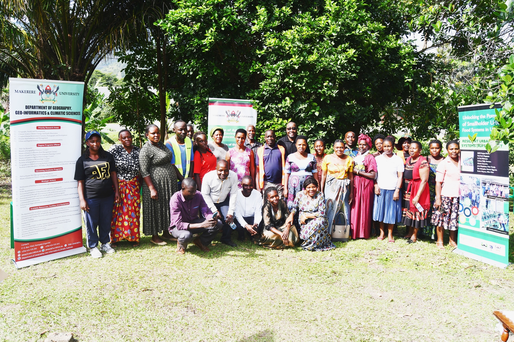 Prof. Frank Mugagga and the RUFS Project Team pose for a group photo with Kasese smallholder farmers. The Resilient Urban Food Systems (RUFS) project led by Prof. Frank Mugagga, Department of Geography, Geo-Informatics, and Climatic Sciences, CAES, Makerere University, Kampala and funded through the AgriFoSe2030 Programme initiative titled “Strengthening Urban Food Systems Resilience to Flood and Drought Risks through New Strategic Partnerships: Consolidating Gains from the RUFS Project in Kasese Municipality and Mbale City, Uganda,” intensive two-day training workshop for smallholder farmers in Kasese Municipality 13th and 14th October 2025, East Africa.