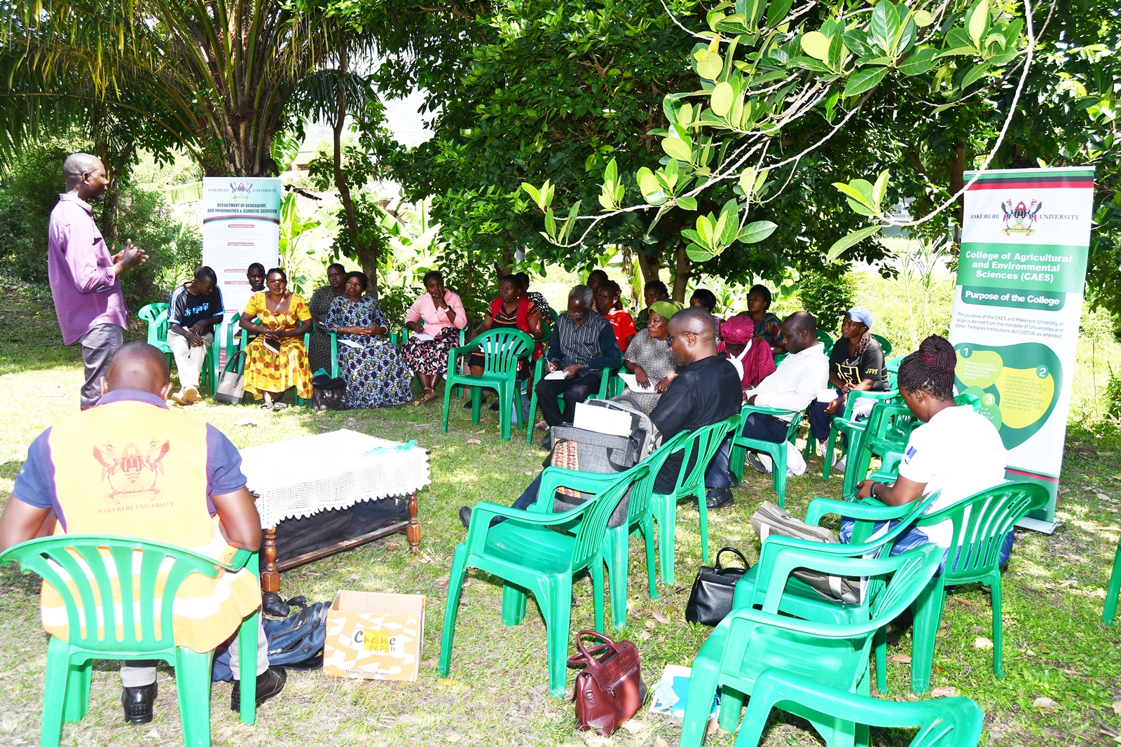 Juma Wepukhulu presenting to farmers on sustainable agronomic practices based on his experience in Mbale. The Resilient Urban Food Systems (RUFS) project led by Prof. Frank Mugagga, Department of Geography, Geo-Informatics, and Climatic Sciences, CAES, Makerere University, Kampala and funded through the AgriFoSe2030 Programme initiative titled “Strengthening Urban Food Systems Resilience to Flood and Drought Risks through New Strategic Partnerships: Consolidating Gains from the RUFS Project in Kasese Municipality and Mbale City, Uganda,” intensive two-day training workshop for smallholder farmers in Kasese Municipality 13th and 14th October 2025, East Africa.