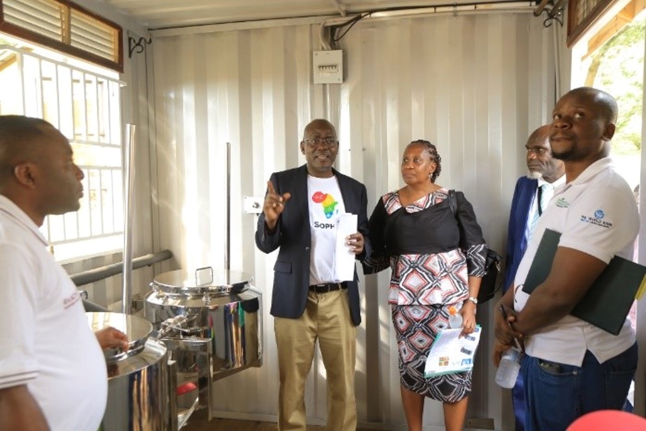 The VC's representative, Dr Julia Kigozi, and the PI of the SophiA Project, Prof. Nicholas Kiggundu touring the kitchen. Sustainable Off-Grid Solutions for Pharmacies and Hospitals in Africa (SophiA) Project facility at Buvuma Health Centre IV official commissioning by the Vice Chancellor of Makerere University, Kampala Uganda, East Africa represented by Dr. Julia Kigozi on 30th September 2025.