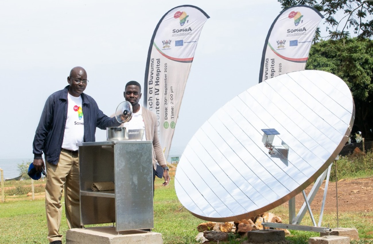 The Principal Investigator, Prof. Nicholas Kiggundu showing the Shceffler shields concentrators for outside cooking facility. Sustainable Off-Grid Solutions for Pharmacies and Hospitals in Africa (SophiA) Project facility at Buvuma Health Centre IV official commissioning by the Vice Chancellor of Makerere University, Kampala Uganda, East Africa represented by Dr. Julia Kigozi on 30th September 2025.