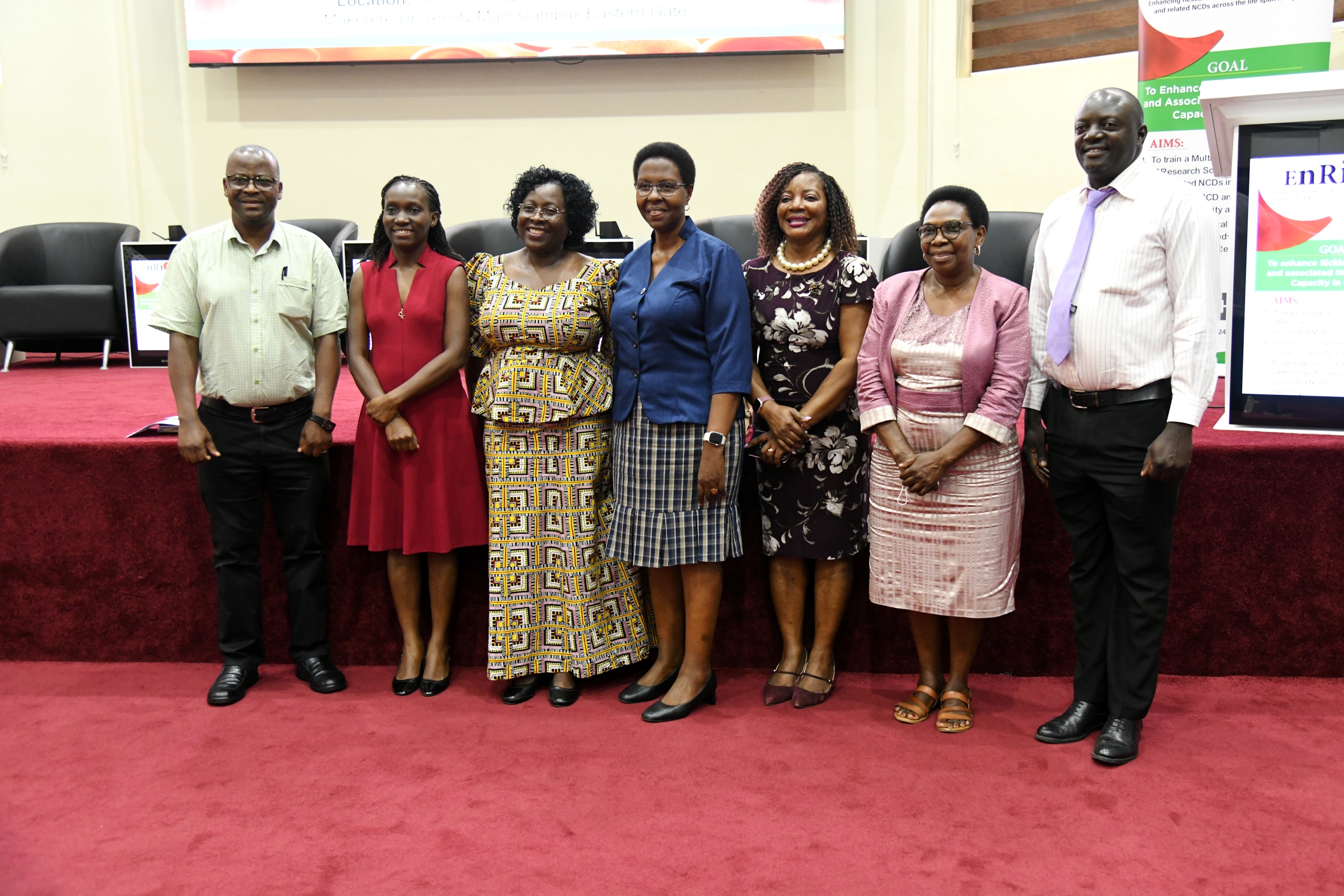 Dr. Rosemary Byanyima (Centre) with Prof. Sarah Kiguli (3rd Left) and other stakeholders at the engagement meeting on 24th October 2025. Makerere University, through the College of Health Sciences (CHS), hosted the Sickle Cell Disease Stakeholders’ Engagement Meeting organized by the Center of Excellence for Sickle Cell Disease and Neglected Tropical Diseases, in partnership with Enhancing Research Capacity for Sickle Cell Disease and Related Non-Communicable Diseases Across the Lifespan in Uganda (ENRICH) and the Sickle Pan Africa Research Consortium (SPARCo), 24th October 2025, MakSPH Auditorium, Kampala Uganda, East Africa.