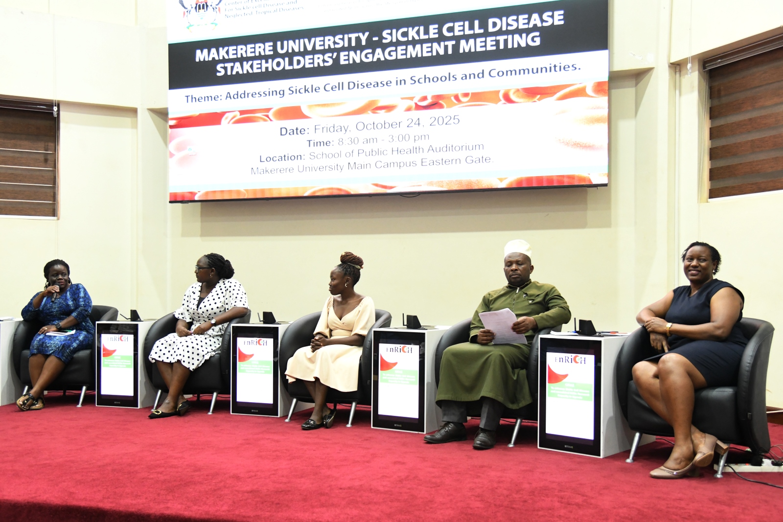 Panelists included members from UMSC and other agencies. Makerere University, through the College of Health Sciences (CHS), hosted the Sickle Cell Disease Stakeholders’ Engagement Meeting organized by the Center of Excellence for Sickle Cell Disease and Neglected Tropical Diseases, in partnership with Enhancing Research Capacity for Sickle Cell Disease and Related Non-Communicable Diseases Across the Lifespan in Uganda (ENRICH) and the Sickle Pan Africa Research Consortium (SPARCo), 24th October 2025, MakSPH Auditorium, Kampala Uganda, East Africa.
