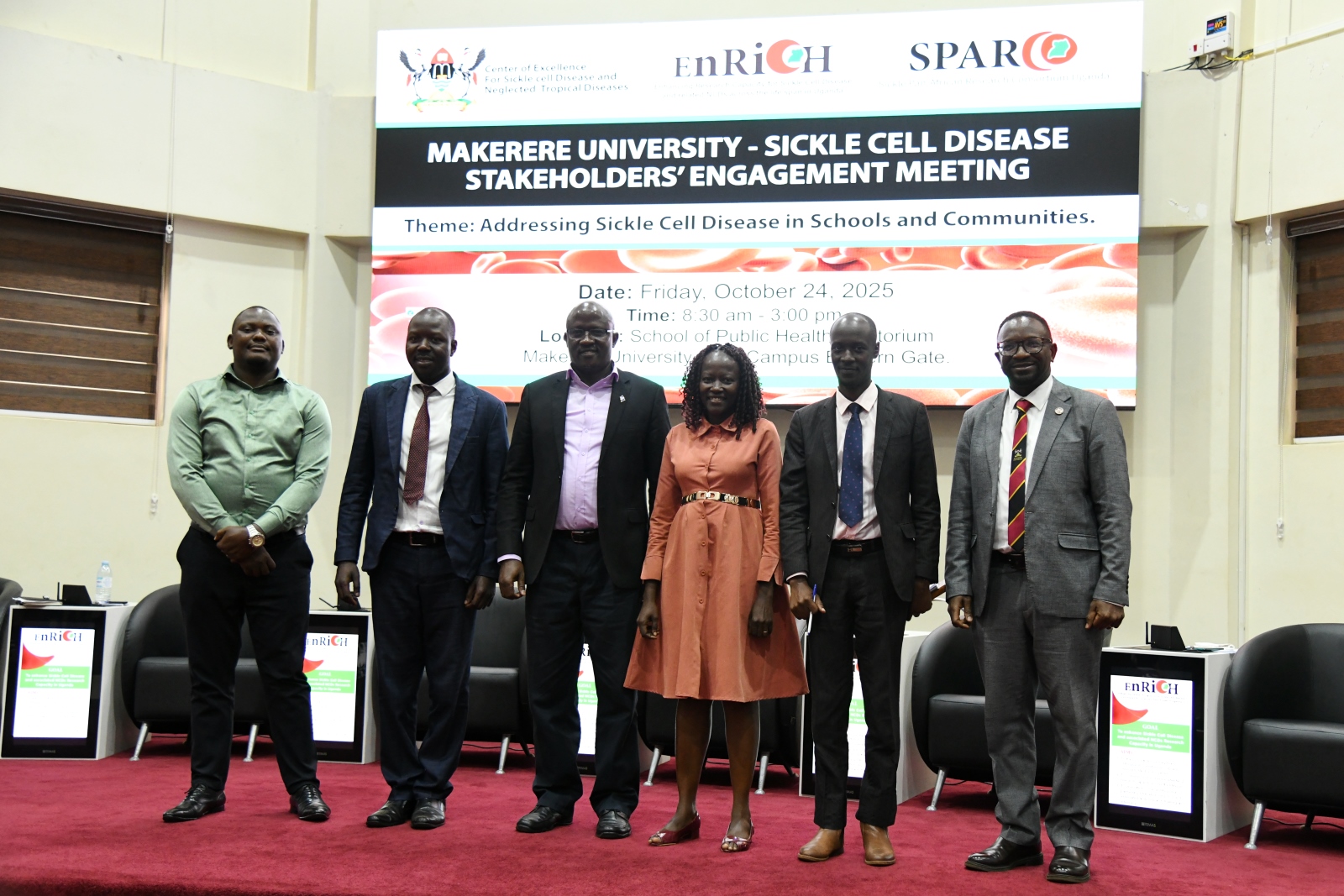 Panelists pose for a group photo after their session. Makerere University, through the College of Health Sciences (CHS), hosted the Sickle Cell Disease Stakeholders’ Engagement Meeting organized by the Center of Excellence for Sickle Cell Disease and Neglected Tropical Diseases, in partnership with Enhancing Research Capacity for Sickle Cell Disease and Related Non-Communicable Diseases Across the Lifespan in Uganda (ENRICH) and the Sickle Pan Africa Research Consortium (SPARCo), 24th October 2025, MakSPH Auditorium, Kampala Uganda, East Africa.