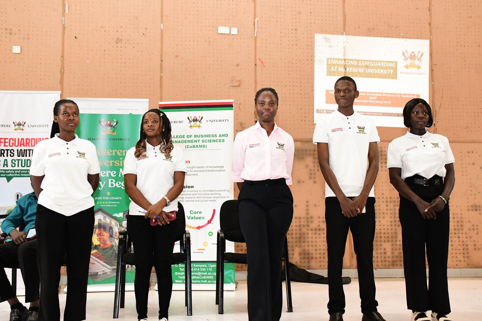 College of Business and Management sciences (CoBAMS) student safeguarding champions. Powerful campaign themed “Safeguarding Starts With Me”, Organized by the Office of the Dean of Students in partnership with the Mastercard Foundation Scholars Program and the College of Business and Management Sciences (CoBAMS), 13th October 2025, Yusuf Lule Central Teaching Facility Auditorium, Makerere University, Kampala Uganda, East Africa.