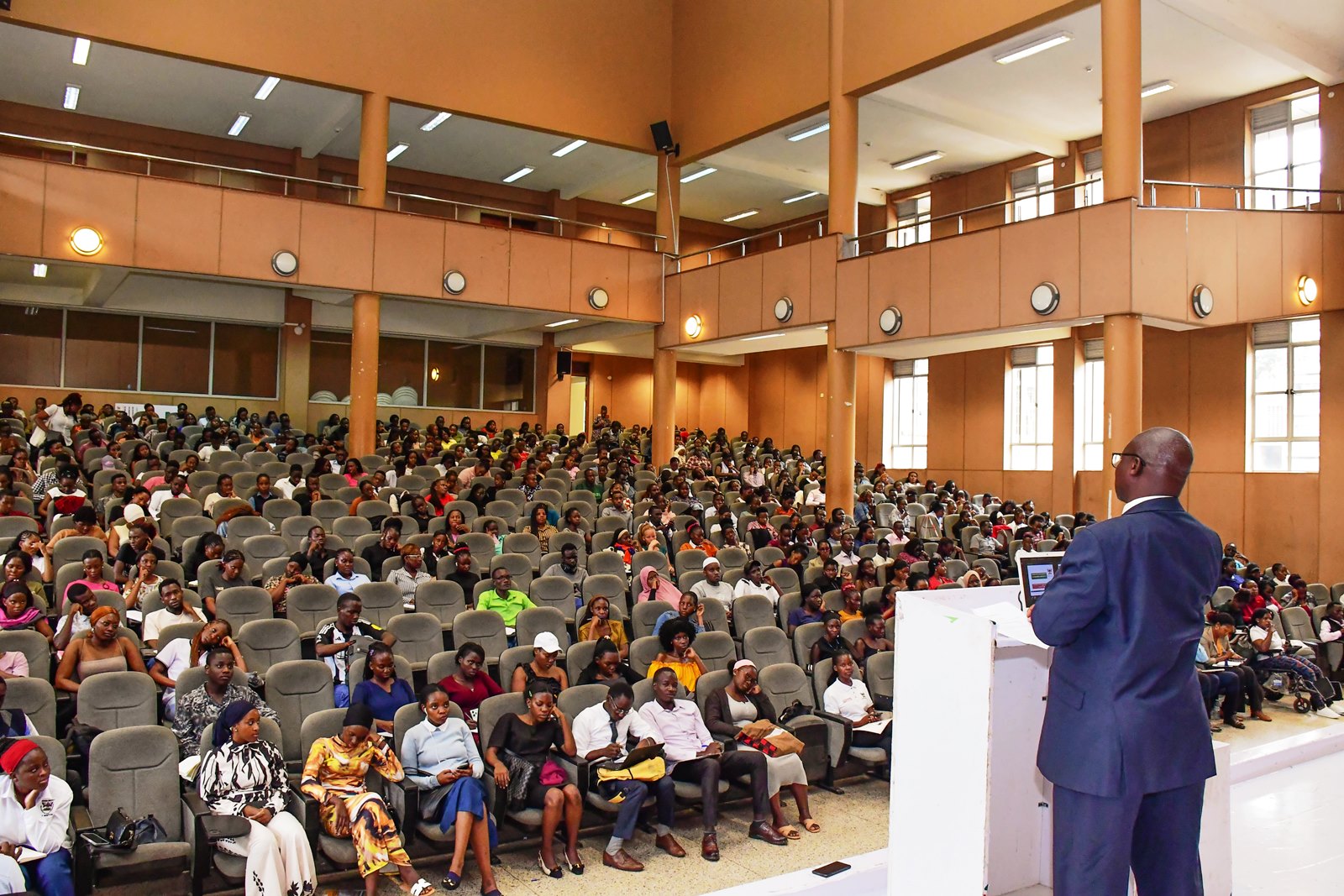 Assoc. Professor James Wokadala addresses CoBAMS students in the Yusuf Lule Central Teaching Facility Auditorium on 13th October 2025. Powerful campaign themed “Safeguarding Starts With Me”, Organized by the Office of the Dean of Students in partnership with the Mastercard Foundation Scholars Program and the College of Business and Management Sciences (CoBAMS), 13th October 2025, Yusuf Lule Central Teaching Facility Auditorium, Makerere University, Kampala Uganda, East Africa.