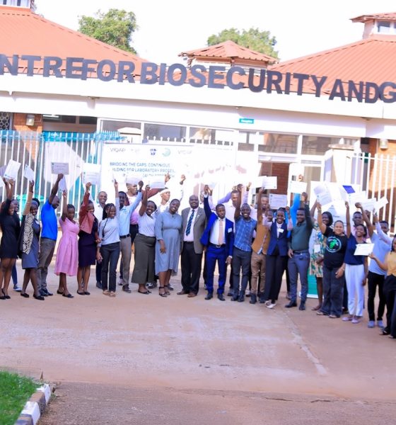 Participants posing for a photo after the training. Centre for Biosecurity and Global Health (CeBIGH) and the Department of Biosecurity, Ecosystems and Veterinary Public Health (BEP) in collaboration with VIQAP Consultancy Services, the Uganda Medical Laboratory Technologists Association (UMLTA), the Biosafety and Biosecurity Association of Uganda (BBAU), and the Uganda National Health Laboratories and Diagnostic Services, conducted a three-day Biorisk Management (Biosafety and Biosecurity) training, 20th to 22nd October 2025 at COVAB, Makerere University, Kampala Uganda, East Africa.