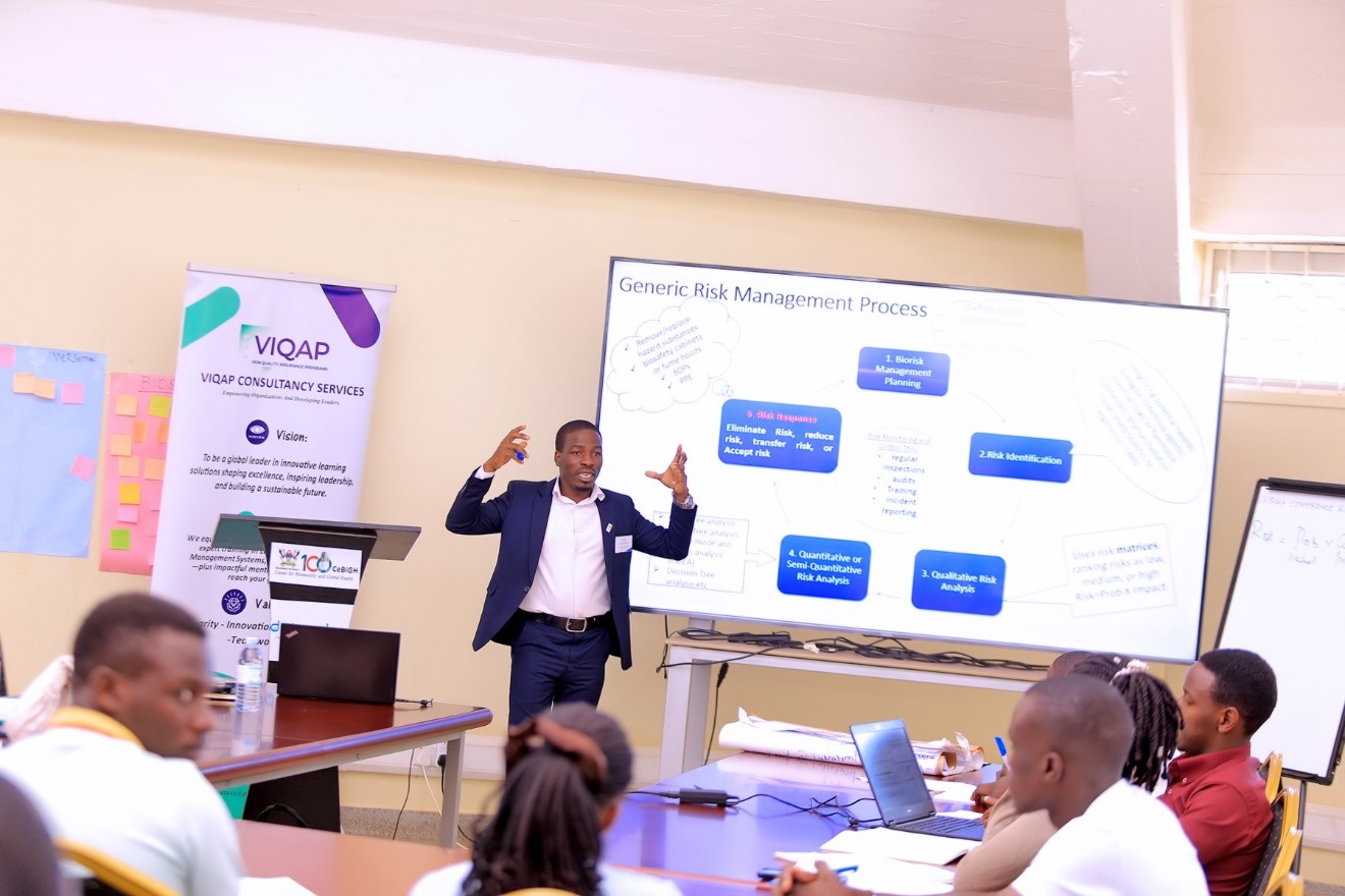 Mr. Galiwango facilitating a Session on day Two. Centre for Biosecurity and Global Health (CeBIGH) and the Department of Biosecurity, Ecosystems and Veterinary Public Health (BEP) in collaboration with VIQAP Consultancy Services, the Uganda Medical Laboratory Technologists Association (UMLTA), the Biosafety and Biosecurity Association of Uganda (BBAU), and the Uganda National Health Laboratories and Diagnostic Services, conducted a three-day Biorisk Management (Biosafety and Biosecurity) training, 20th to 22nd October 2025 at COVAB, Makerere University, Kampala Uganda, East Africa.