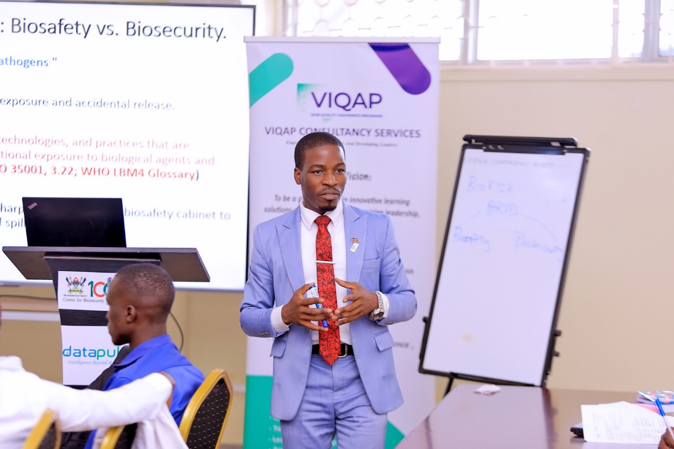 Mr. John Baptist Galiwango, who was the lead facilitator for the three days Biorisk Management Training. Centre for Biosecurity and Global Health (CeBIGH) and the Department of Biosecurity, Ecosystems and Veterinary Public Health (BEP) in collaboration with VIQAP Consultancy Services, the Uganda Medical Laboratory Technologists Association (UMLTA), the Biosafety and Biosecurity Association of Uganda (BBAU), and the Uganda National Health Laboratories and Diagnostic Services, conducted a three-day Biorisk Management (Biosafety and Biosecurity) training, 20th to 22nd October 2025 at COVAB, Makerere University, Kampala Uganda, East Africa.