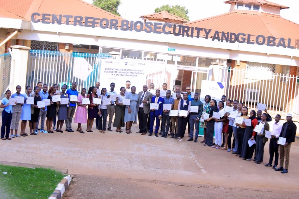 Participants posing with their certificates and the organizing team and Prof. Mugisha after the training. Centre for Biosecurity and Global Health (CeBIGH) and the Department of Biosecurity, Ecosystems and Veterinary Public Health (BEP) in collaboration with VIQAP Consultancy Services, the Uganda Medical Laboratory Technologists Association (UMLTA), the Biosafety and Biosecurity Association of Uganda (BBAU), and the Uganda National Health Laboratories and Diagnostic Services, conducted a three-day Biorisk Management (Biosafety and Biosecurity) training, 20th to 22nd October 2025 at COVAB, Makerere University, Kampala Uganda, East Africa.