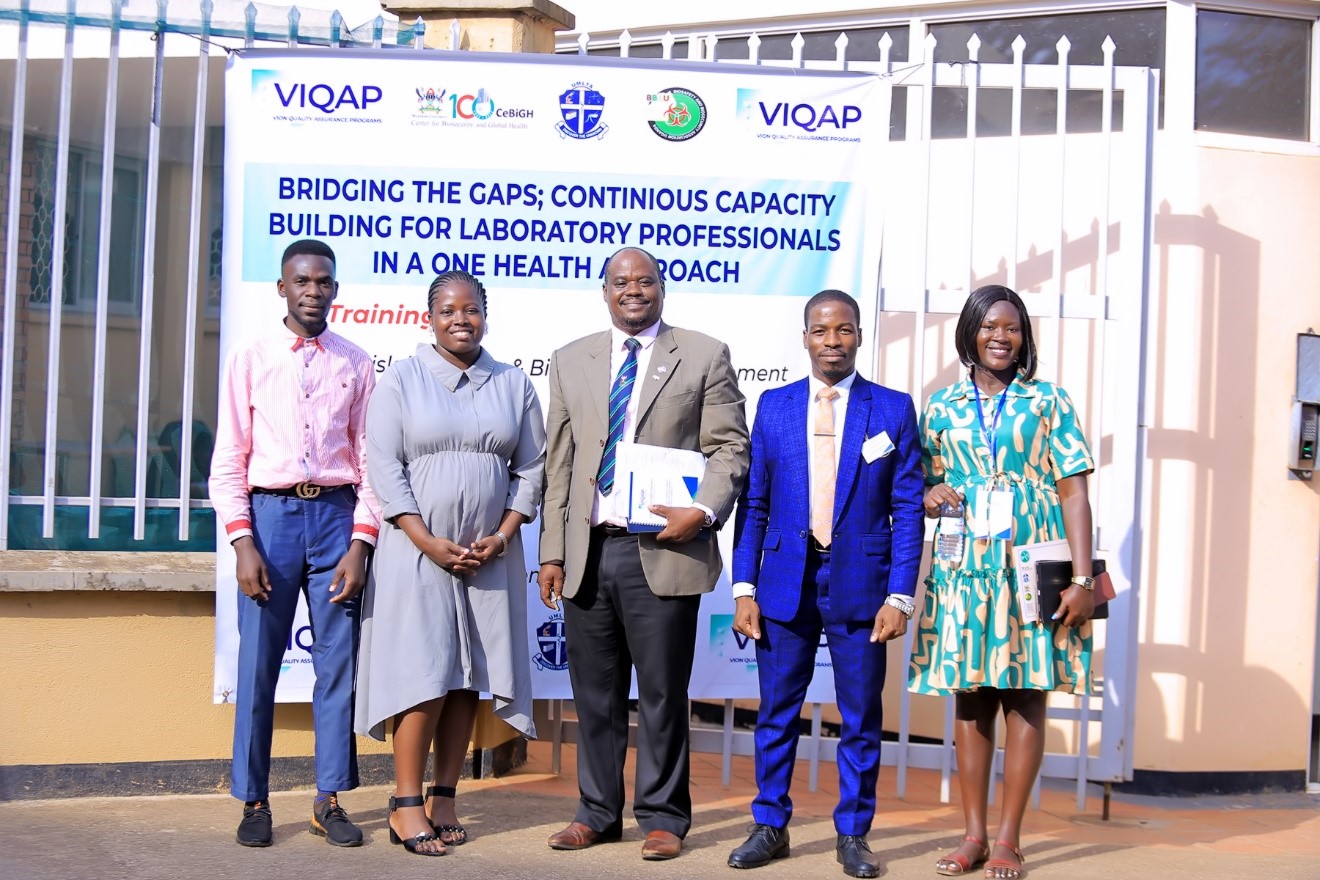 The organizers of the training posing for the photo with Prof. Mugisha after closure of the training. Centre for Biosecurity and Global Health (CeBIGH) and the Department of Biosecurity, Ecosystems and Veterinary Public Health (BEP) in collaboration with VIQAP Consultancy Services, the Uganda Medical Laboratory Technologists Association (UMLTA), the Biosafety and Biosecurity Association of Uganda (BBAU), and the Uganda National Health Laboratories and Diagnostic Services, conducted a three-day Biorisk Management (Biosafety and Biosecurity) training, 20th to 22nd October 2025 at COVAB, Makerere University, Kampala Uganda, East Africa.