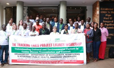 Participants pose for a group photo at the Tracking Tails project launch workshop on 16th October 2025. Makerere University’s College of Veterinary Medicine, Animal Resources and Biosecurity (CoVAB) inaugurates Tracking Trails project, an ambitious, transnational research initiative that aims to expose the spatiotemporal dynamics of free-roaming dogs and their epidemiological implications, particularly concerning rabies, with expertise from Uganda, Chad, India, Indonesia, and Switzerland, exemplifying an ideal One Health model. 16th October 2025, Fairway Hotel, Kampala Uganda, East Africa.