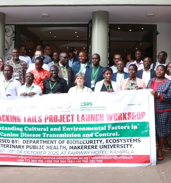 Participants pose for a group photo at the Tracking Tails project launch workshop on 16th October 2025. Makerere University’s College of Veterinary Medicine, Animal Resources and Biosecurity (CoVAB) inaugurates Tracking Trails project, an ambitious, transnational research initiative that aims to expose the spatiotemporal dynamics of free-roaming dogs and their epidemiological implications, particularly concerning rabies, with expertise from Uganda, Chad, India, Indonesia, and Switzerland, exemplifying an ideal One Health model. 16th October 2025, Fairway Hotel, Kampala Uganda, East Africa.