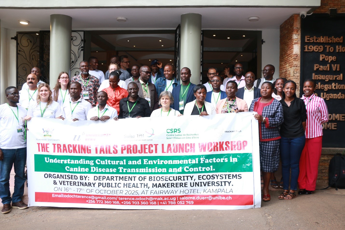 Participants pose for a group photo at the Tracking Tails project launch workshop on 16th October 2025. Makerere University’s College of Veterinary Medicine, Animal Resources and Biosecurity (CoVAB) inaugurates Tracking Trails project, an ambitious, transnational research initiative that aims to expose the spatiotemporal dynamics of free-roaming dogs and their epidemiological implications, particularly concerning rabies, with expertise from Uganda, Chad, India, Indonesia, and Switzerland, exemplifying an ideal One Health model. 16th October 2025, Fairway Hotel, Kampala Uganda, East Africa.