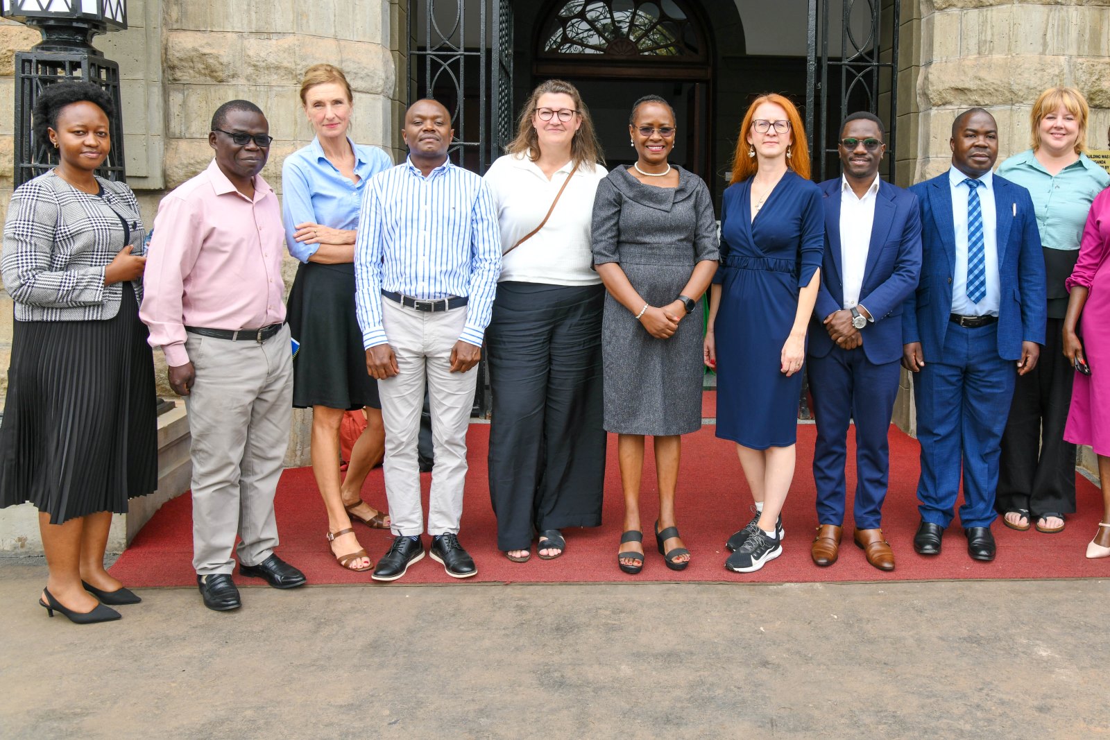 Prof. Sarah Ssali, the DVC AA, at the Centre, having a photo moment with the delegation from the University of Malmo and some Makerere University Staff. Deputy Vice Chancellor (Academic Affairs), Prof. Sarah Ssali hosts delegation from the University of Malmö, Sweden, marking another milestone in the growing collaboration between the two institutions 28th October 2025, Main Building, Makerere University, Kampala Uganda, East Africa.
