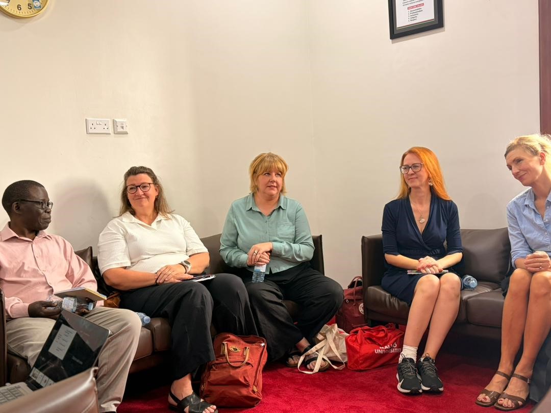 Left to Right; Mr. Peter Ssenkusu, Therese Lindgren, Catrin Stensson, Dr. Dorota Lembrér, Magdalena Sjoestrand Oehrfelt. Deputy Vice Chancellor (Academic Affairs), Prof. Sarah Ssali hosts delegation from the University of Malmö, Sweden, marking another milestone in the growing collaboration between the two institutions 28th October 2025, Main Building, Makerere University, Kampala Uganda, East Africa.