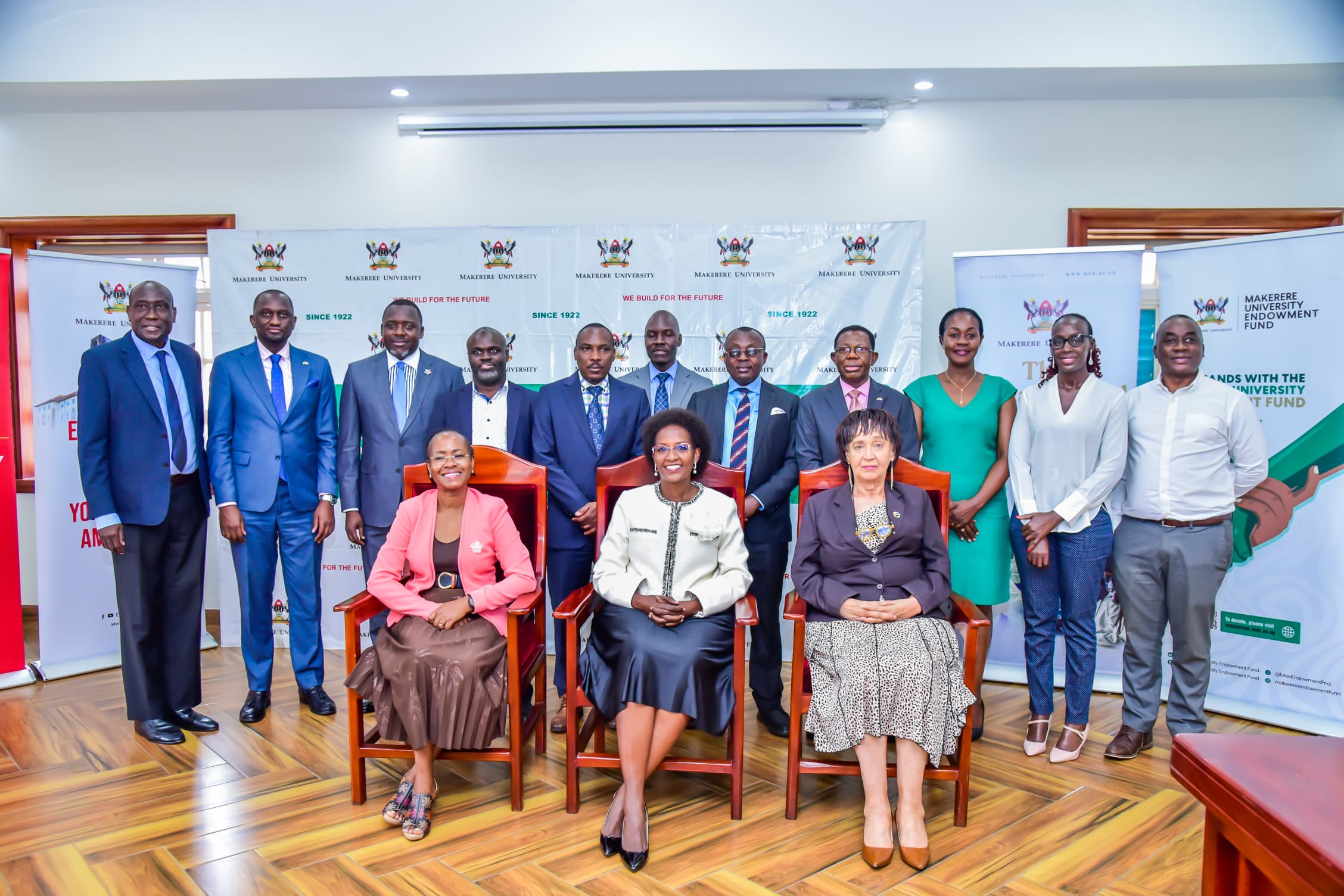 Seated: Mrs. Lorna Magara (Centre) with Prof. Sarah Ssali (Left) and Dr. Margaret J. Kigozi (Right) with other officials (Standing) after inauguration of the 3rd MakEF Board on 23rd October 2025. The 3rd Board of Trustees of the Makerere University Endowment Fund (MakEF) officially inaugurated by Mrs. Lorna Magara, Chairperson of the University Council, 23rd October 2025, Council Room, Kampala Uganda, East Africa.
