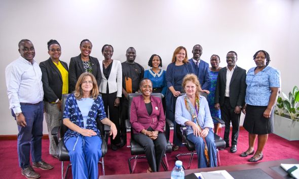 Seated: Prof. Sarah Ssali (C), Dr. Dinie Bouwman (L) and Dr. Anita Veltmaat (R) with teams from Makerere University and the University of Groningen during the meeting on 7th October 2025. Strategic meeting between Makerere University and the University of Groningen, Netherlands to move beyond existing collaborations and formalize a new Double Doctorate (PhD) program, 7th October 2025, Main Building, Kampala Uganda, East Africa.
