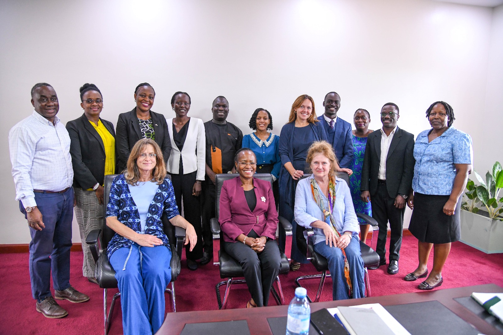 Seated: Prof. Sarah Ssali (C), Dr. Dinie Bouwman (L) and Dr. Anita Veltmaat (R) with teams from Makerere University and the University of Groningen during the meeting on 7th October 2025. Strategic meeting between Makerere University and the University of Groningen, Netherlands to move beyond existing collaborations and formalize a new Double Doctorate (PhD) program, 7th October 2025, Main Building, Kampala Uganda, East Africa.