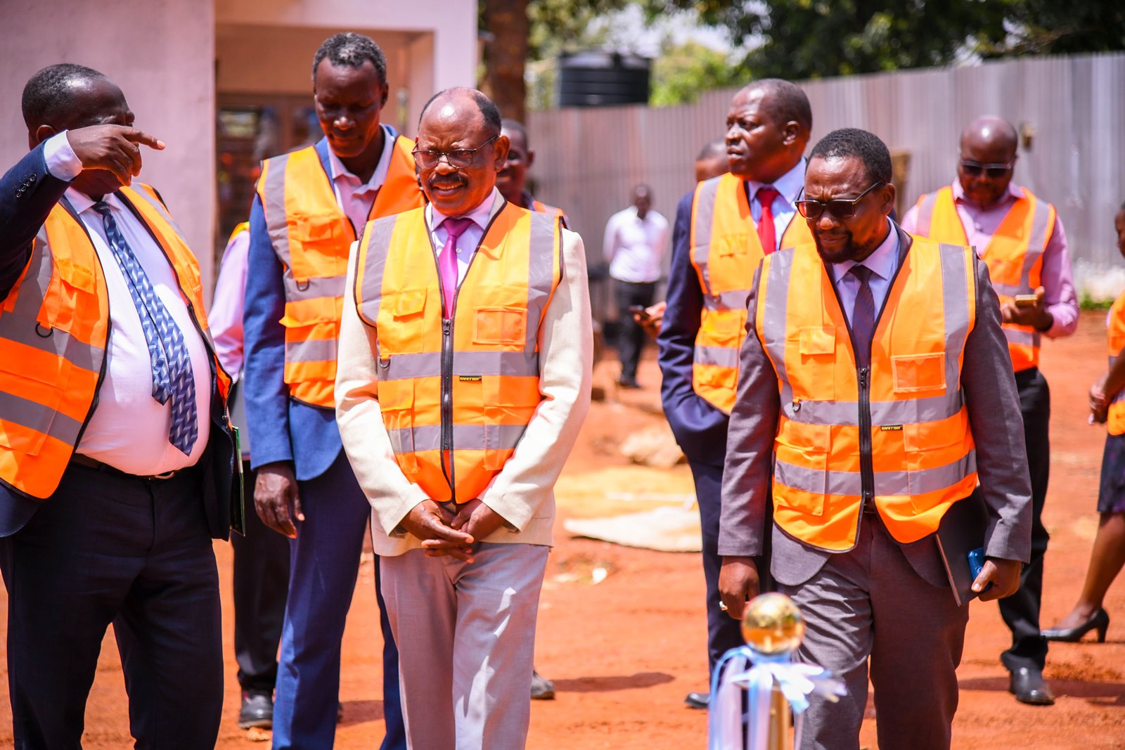 Prof. Nawangwe is received upon arrival on-site by Prof. Charles Ibingira (Left), Prof. Bruce Kirenga (Right) and other officials. Makerere University Lung Institute (MLI) Expansion Project (MEP) site handover to CK Associates on 4th November 2025, Mulago Hill, Kampala Uganda, East Africa.