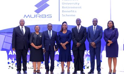 The Chairperson, Dr. Michael Kizito (3rd Right) and Board Secretary, CPA Francesca Angida Mugyema (Centre) with MURBS Trustees from Left to Right: Mr. George Bamugemereire, CPA Edna Rugumayo, Dr. Deus Kamunyu Muhwezi, Mr. Joseph Ikarokok and Dr. Elizabeth Nansubuga at the 15th AGM on 23rd October 2025. Makerere University Retirement Benefits Scheme (MURBS) Board of Trustees on 23rd October 2025 during the 15th Annual General Meeting declared an interest on 13.56% on Members balances for the Financial Year 2024/2025. Main Hall, Main Building, Kampala Uganda, East Africa.