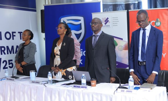 Left to Right: Prof. Sarah Ssali, Mrs. Lorna Magara, Dr. Michael Kizito and Mr. Mark Lotukei at the presentation of MURBS FY2024/2025 performance on 21st October 2025. Makerere University Retirement Benefit Scheme (MURBS) presents performance of Financial Year 2024/2025 to the sponsor, the University Council and other stakeholders, 21st October 2025, Telepresence Centre, Senate building, Kampala Uganda, East Africa.