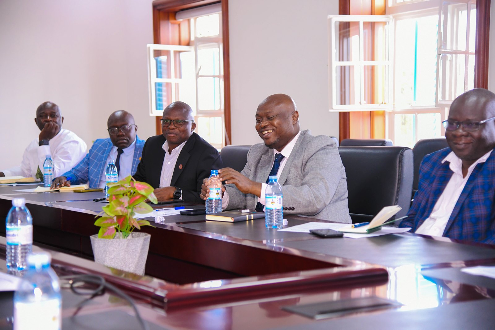 Some of the Makerere officials that attended the meeting from Left to Right: Prof. Yazidhi Bamutaze, Dr. Richard Idro, Prof. James Wokadala, Prof. Eric Awich Ochen, and Prof. Godfrey Akileng. Delegation from Nelson Mandela University (NMU), South Africa meeting with officials from Makerere University on 7th October 2025, Kampala Uganda, East Africa.