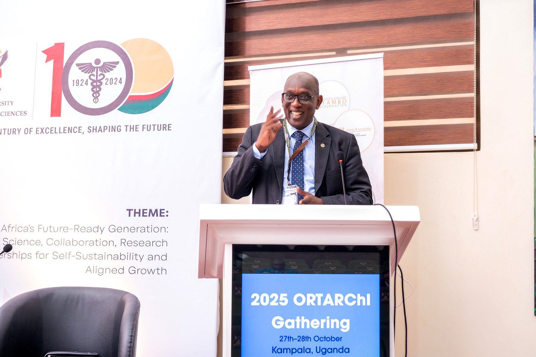 Dr. Ham-Mukasa Mulira, keynote speaker. O.R. Tambo Africa Research Chairs Initiative (ORTARChI) Annual Gathering held 27th-28th October 2025 at Makerere University, Kampala Uganda, East Africa with Chief Guest, Hon. Dr. Monica Musenero.