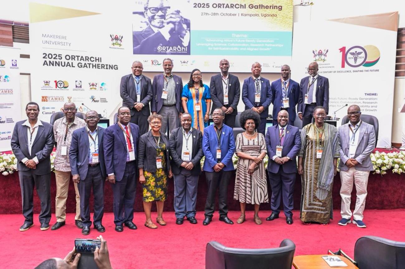 Group Photo of Minister with the ORTAChI Research Chairs. O.R. Tambo Africa Research Chairs Initiative (ORTARChI) Annual Gathering held 27th-28th October 2025 at Makerere University, Kampala Uganda, East Africa with Chief Guest, Hon. Dr. Monica Musenero.