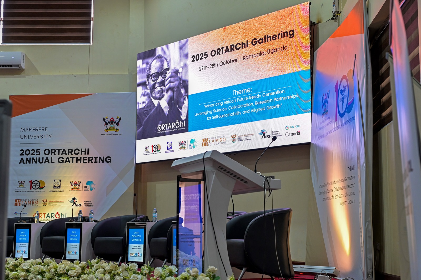 View of the main stage. O.R. Tambo Africa Research Chairs Initiative (ORTARChI) Annual Gathering held 27th-28th October 2025 at Makerere University, Kampala Uganda, East Africa with Chief Guest, Hon. Dr. Monica Musenero.
