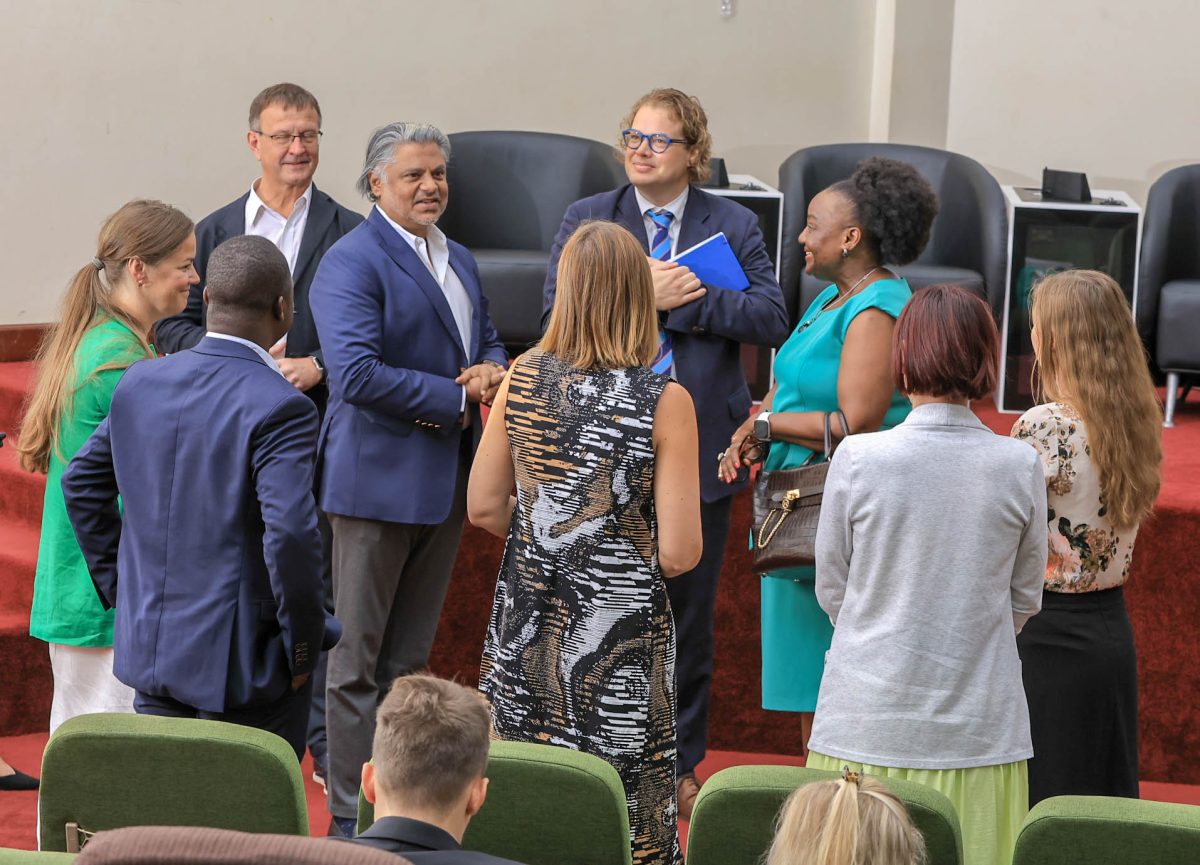 At the centre, MakSPH Dean, Prof. Rhoda Wanyenze, receiving H.E. Girisch M. Nair, Honorary Consul of Estonia to Uganda, at the project launch. September 9, 2025. Makerere University School of Public Health (MakSPH) and Estonia’s Tallinn University of Technology (TalTech) kick-off meeting for two-year collaborative project to transform health informatics education and practice in Uganda, supported by the Estonian Centre for International Development (ESTDEV), 9th September 2025, MakSPH Auditorium, Kampala Uganda, East Africa.