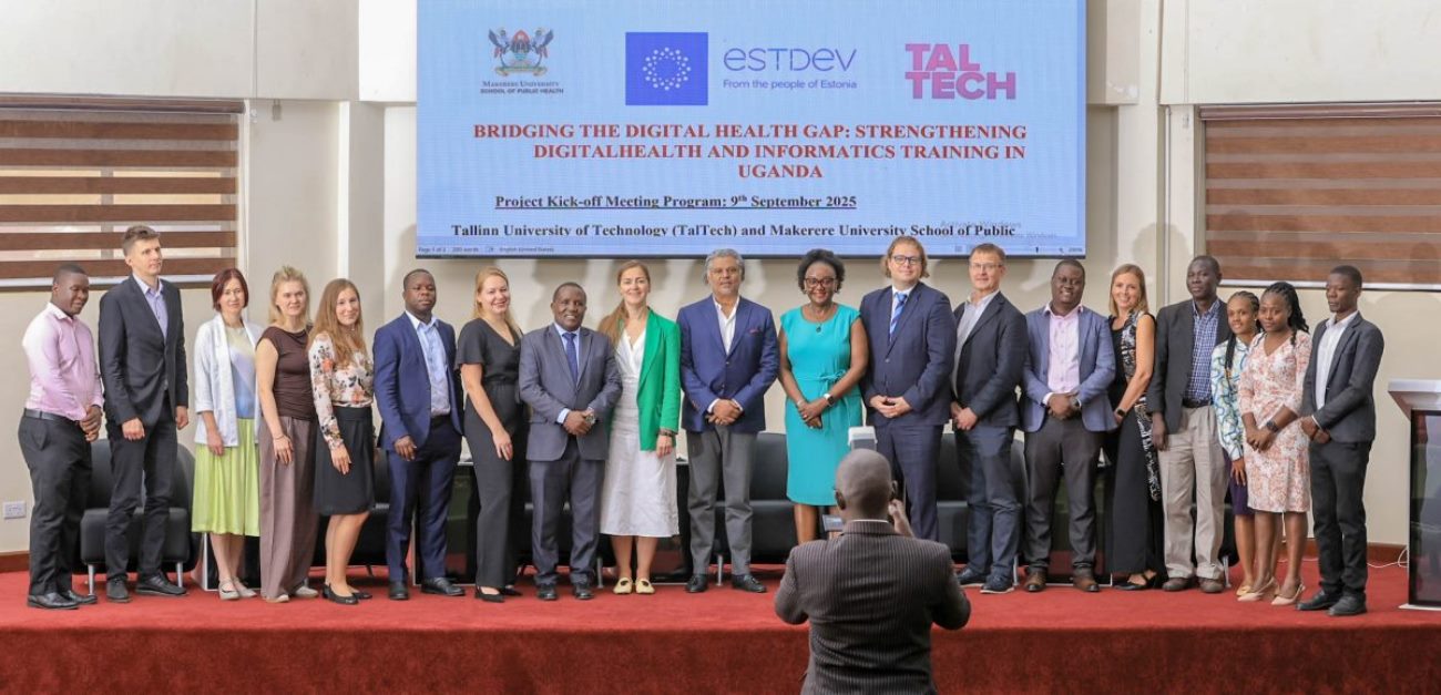 At the centre, MakSPH Dean, Prof. Rhoda Wanyenze and H.E. Girisch M. Nair, Honorary Consul of Estonia to Uganda with stakeholders at the project launch. September 9, 2025. Makerere University School of Public Health (MakSPH) and Estonia’s Tallinn University of Technology (TalTech) kick-off meeting for two-year collaborative project to transform health informatics education and practice in Uganda, supported by the Estonian Centre for International Development (ESTDEV), 9th September 2025, MakSPH Auditorium, Kampala Uganda, East Africa.