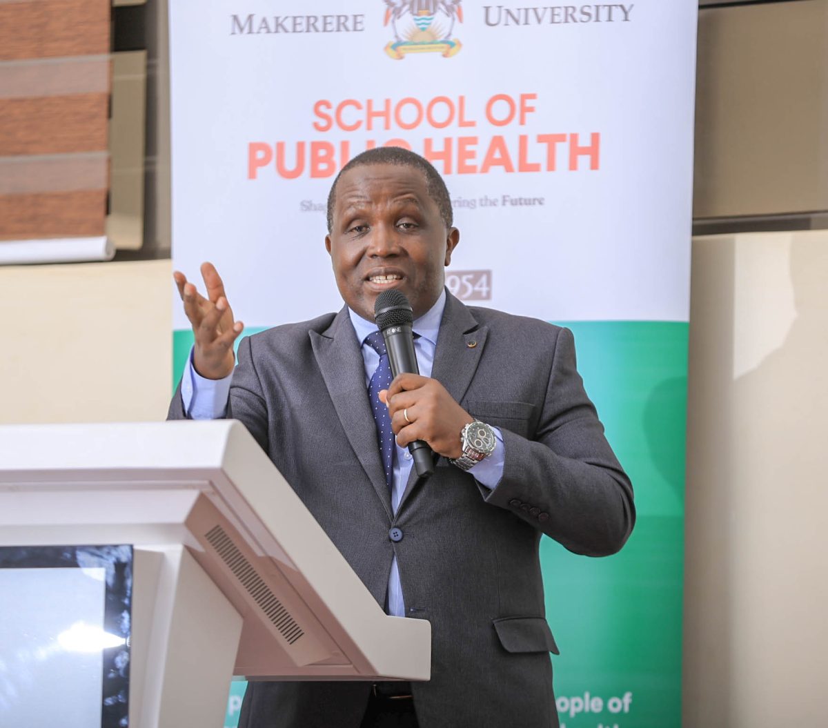 MakSPH Project Co-lead, Prof. Nazarius M. Tumwesigye, speaking during the project launch. September 9, 2025. Makerere University School of Public Health (MakSPH) and Estonia’s Tallinn University of Technology (TalTech) kick-off meeting for two-year collaborative project to transform health informatics education and practice in Uganda, supported by the Estonian Centre for International Development (ESTDEV), 9th September 2025, MakSPH Auditorium, Kampala Uganda, East Africa.