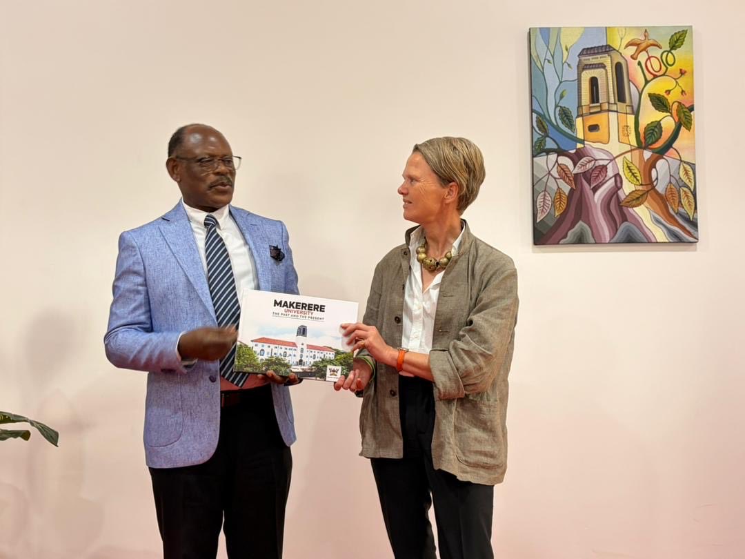 Ms. Louise Haxthausen receives a gift from Prof. Barnabas Nawangwe. Officials from the UNESCO Antenna Office in Uganda led by the Regional Director of the UNESCO Regional Office for Eastern Africa, Ms. Louise Haxthausen courtesy visit to the Vice-Chancellor of Makerere University, 30th October 2025, Kampala Uganda, East Africa.