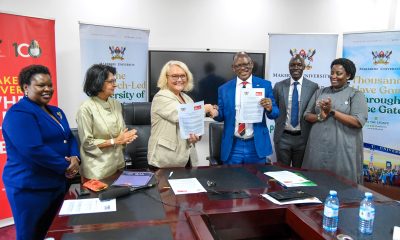 Prof. Barnabas Nawangwe (3rd R) and Ms. Jo Midgley (3rd L) shake hands after signing the MoU as H.E. Nimisha Madhvani (2nd L), H.E. Miriam Otengo (L), Prof. Helen Nambalariwa Nkabala (R) and Mr. Emmanuel Kitamirike (2nd R) witness on 17th October 2025. Makerere University and the University of the West of England (UWE) sign MoU aimed at strengthening collaboration in research, innovation, and enterprise development, 17th October 2025, Main Building, Kampala Uganda, East Africa.