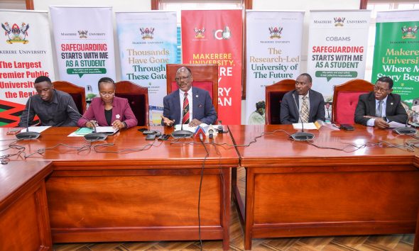 Vice Chancellor-Prof. Barnabas Nawangwe (C) flanked by DVCAA-Prof. Sarah Ssali (2nd L), Ag. DVCFA-Prof. Winston Tumps Ireeta (2nd R), AR-Prof. Buyinza Mukadasi (R) and Guild President-H.E. Ssentamu Churchill James (L) at the press briefing on 7th October 2025. Council Room, Main Building, Makerere University, Kampala Uganda, East Africa.