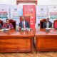 Vice Chancellor-Prof. Barnabas Nawangwe (C) flanked by DVCAA-Prof. Sarah Ssali (2nd L), Ag. DVCFA-Prof. Winston Tumps Ireeta (2nd R), AR-Prof. Buyinza Mukadasi (R) and Guild President-H.E. Ssentamu Churchill James (L) at the press briefing on 7th October 2025. Council Room, Main Building, Makerere University, Kampala Uganda, East Africa.