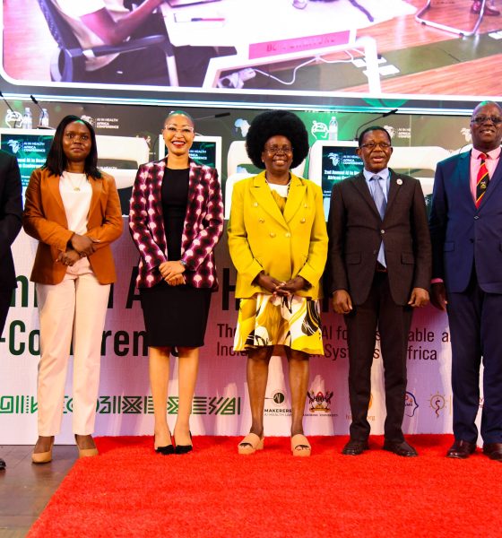 Hon. Dr. Monica Musenero (3rd Right) flanked by Left to Right: Mr. Ambrose Ruyooka, Dr. Rose Nakasi, Dr. Stella Kivila, Prof. Buyinza Mukadasi and Dr. Andrew Kambugu at the Conference Opening Ceremony on 6th November 2025. 2nd Artificial Intelligence (AI) in Health Africa Conference under theme “Setting AI for Sustainable and Inclusive Health Systems in Africa”, Opening Ceremony 6th November 2025, Main Hall, Makerere University, Kampala Uganda, East Africa.