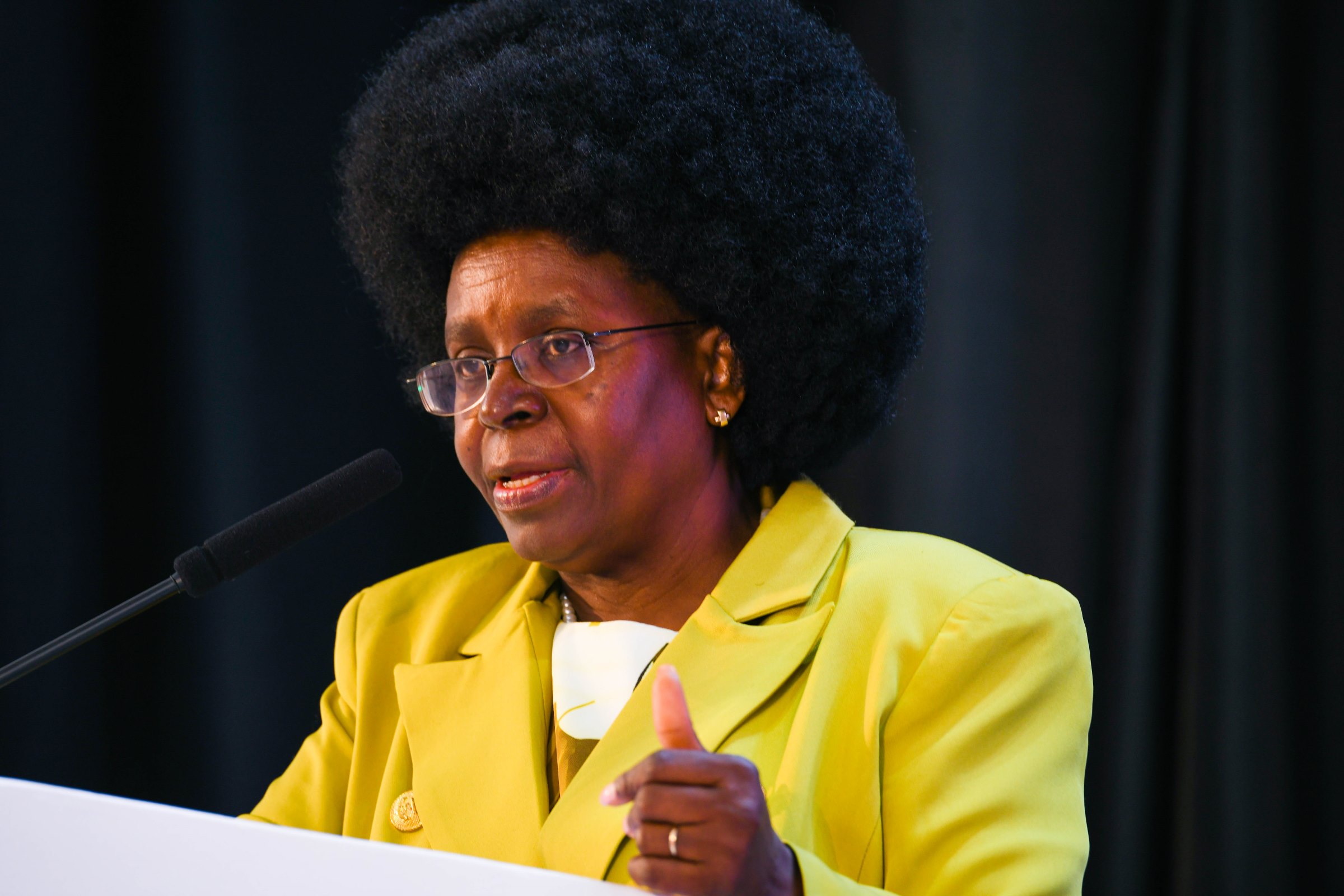 Hon. Dr. Monica Musenero delivers her keynote address. 2nd Artificial Intelligence (AI) in Health Africa Conference under theme “Setting AI for Sustainable and Inclusive Health Systems in Africa”, Opening Ceremony 6th November 2025, Main Hall, Makerere University, Kampala Uganda, East Africa.